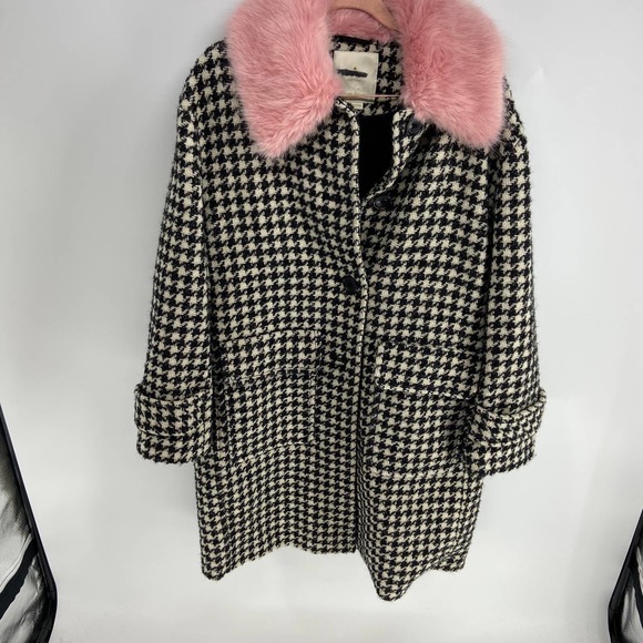 Kate Spade black white houndstooth pink fur collar wool winter jacket womens s